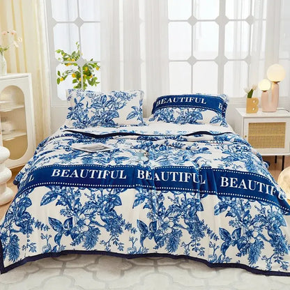 Floral white & navy cozy flannel plush blanket bedroom throw