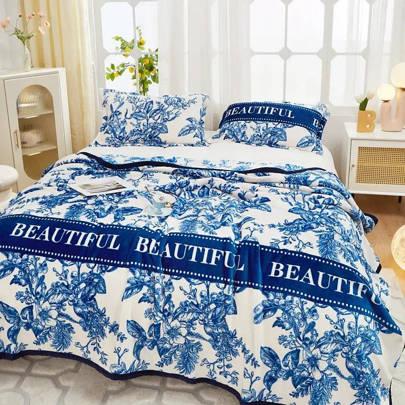 Floral white & navy cozy flannel plush blanket bedroom throw