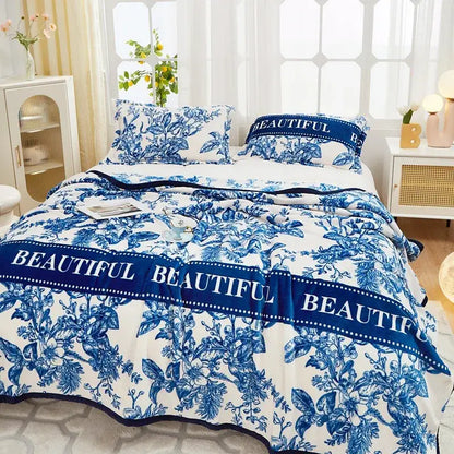 Floral white & navy cozy flannel plush blanket bedroom throw