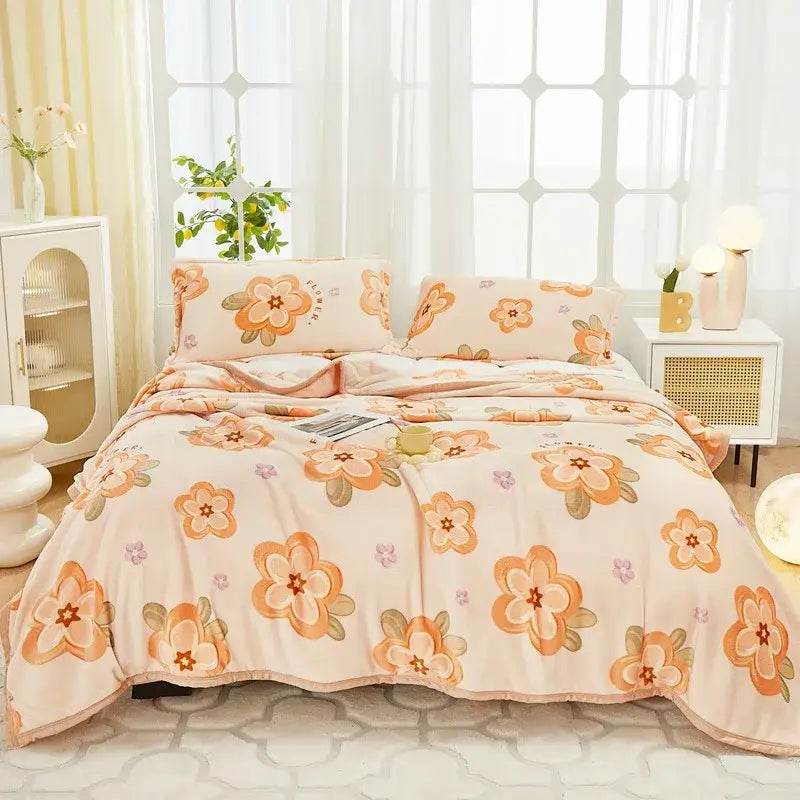 Floral white & navy cozy flannel plush blanket bedroom throw