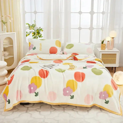 Floral white & navy cozy flannel plush blanket bedroom throw