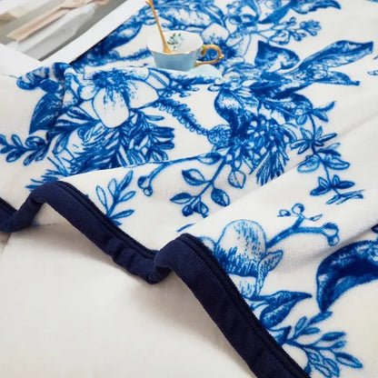 Floral white & navy cozy flannel plush blanket bedroom throw