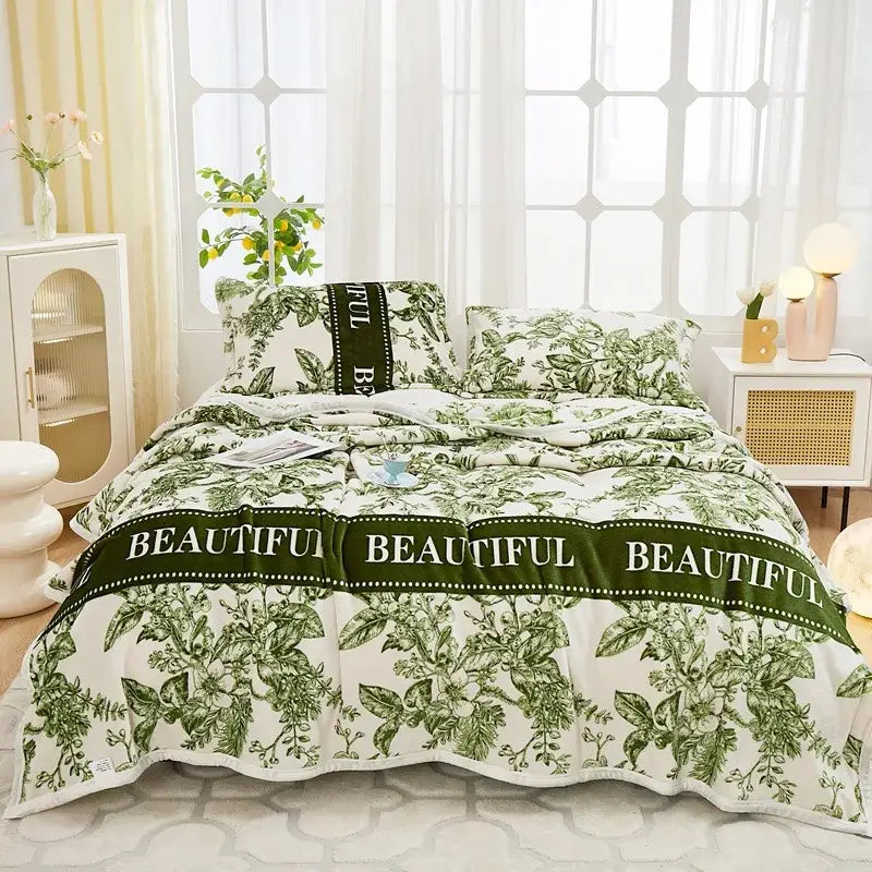 Floral white & navy cozy flannel plush blanket bedroom throw