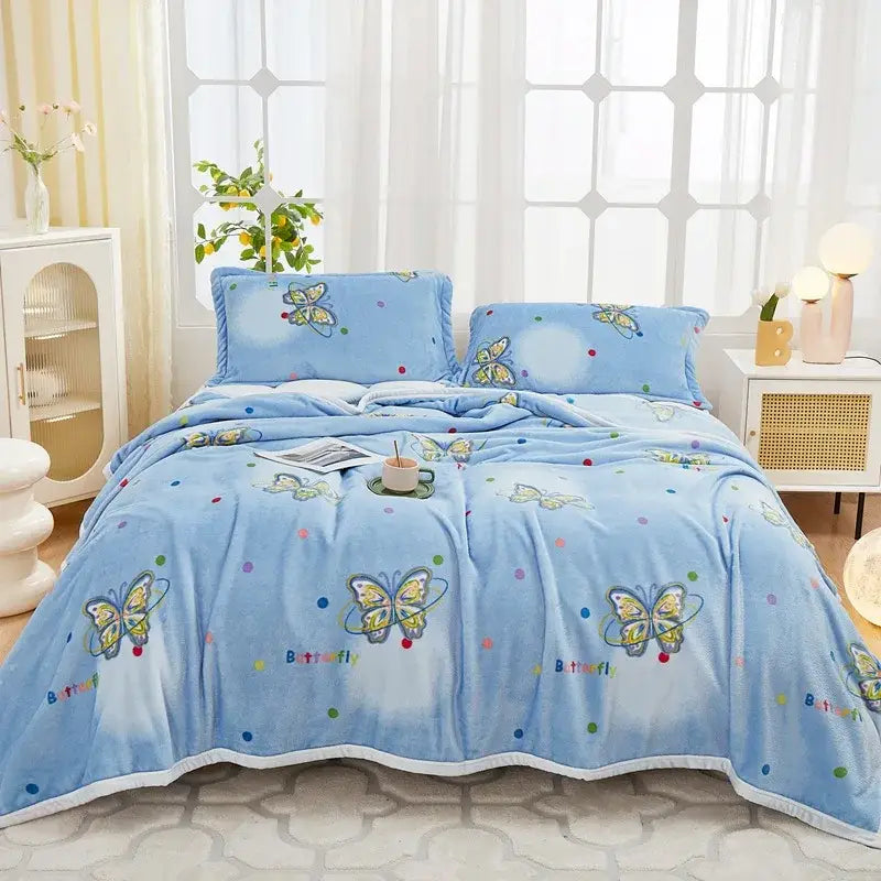 Floral white & navy cozy flannel plush blanket bedroom throw