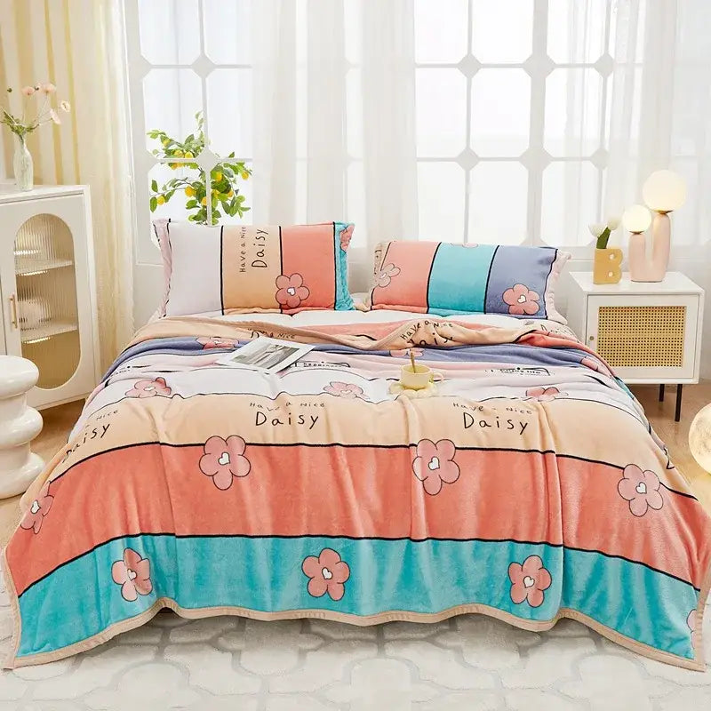 Floral white & navy cozy flannel plush blanket bedroom throw