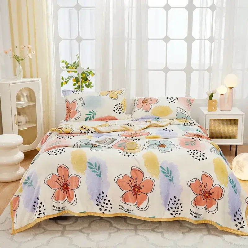 Floral white & navy cozy flannel plush blanket bedroom throw