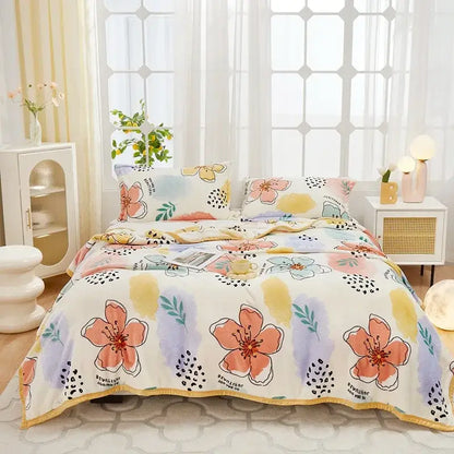 Floral white & navy cozy flannel plush blanket bedroom throw