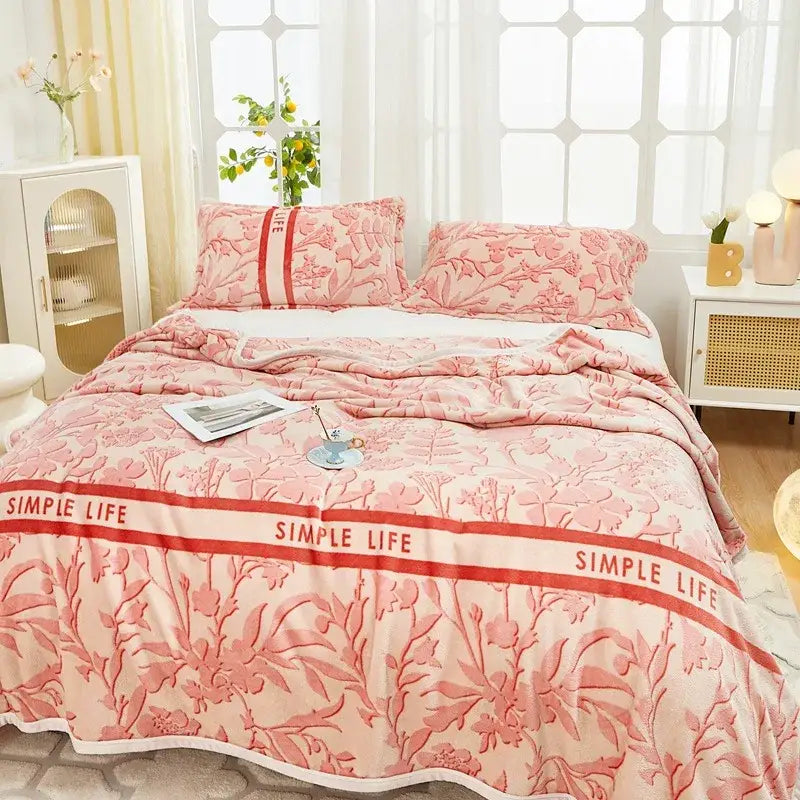 Floral white & navy cozy flannel plush blanket bedroom throw