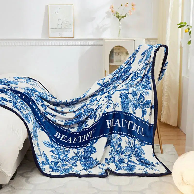 Floral white & navy cozy flannel plush blanket bedroom throw
