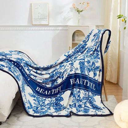 Floral white & navy cozy flannel plush blanket bedroom throw