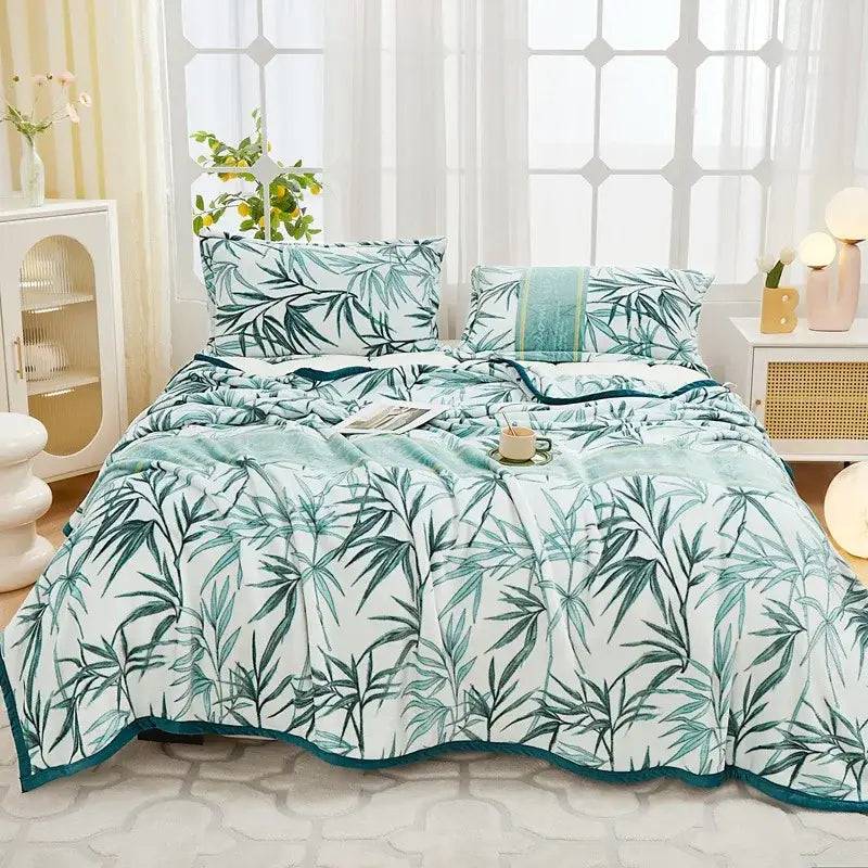 Floral white & navy cozy flannel plush blanket bedroom throw