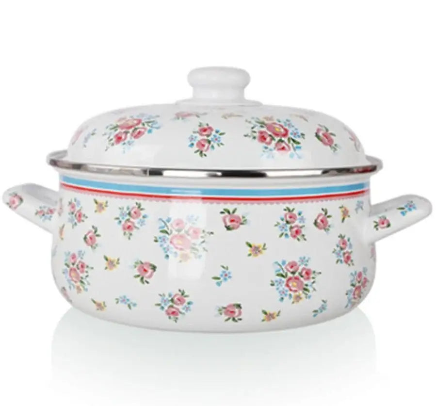 Floral white & pink enamel ceramics soup saucepan kitchen set