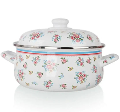 Floral white & pink enamel ceramics soup saucepan kitchen set