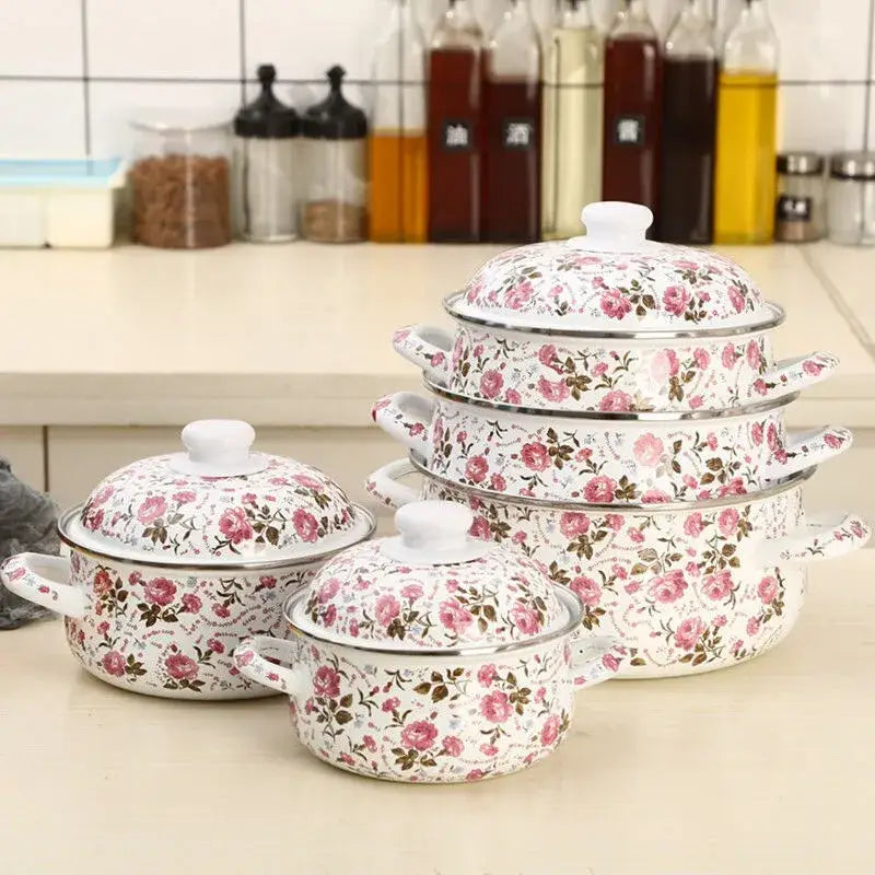 Floral white & pink enamel ceramics soup saucepan kitchen set