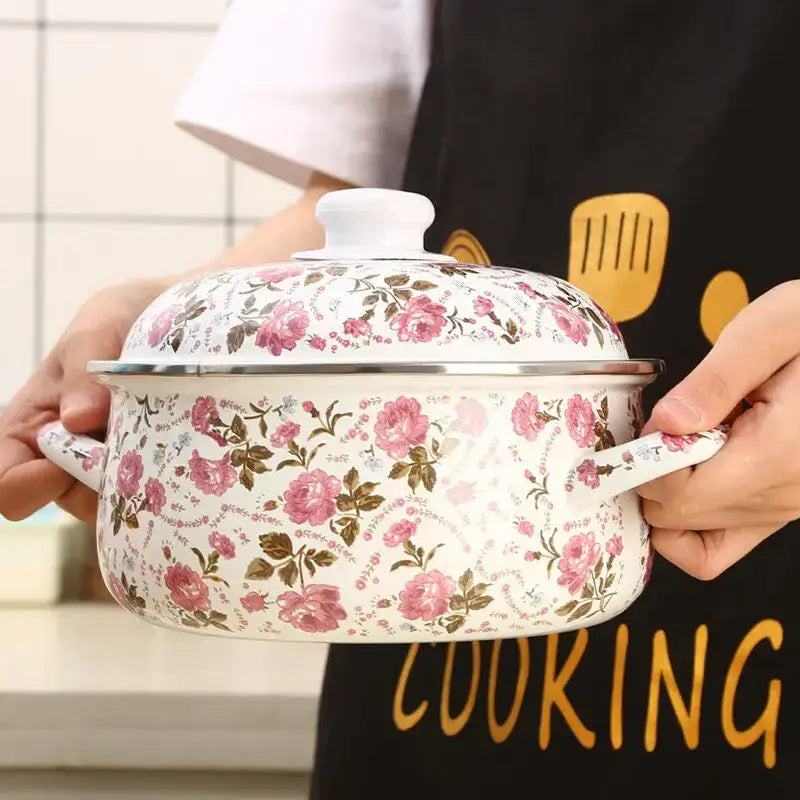 Floral white & pink enamel ceramics soup saucepan kitchen set