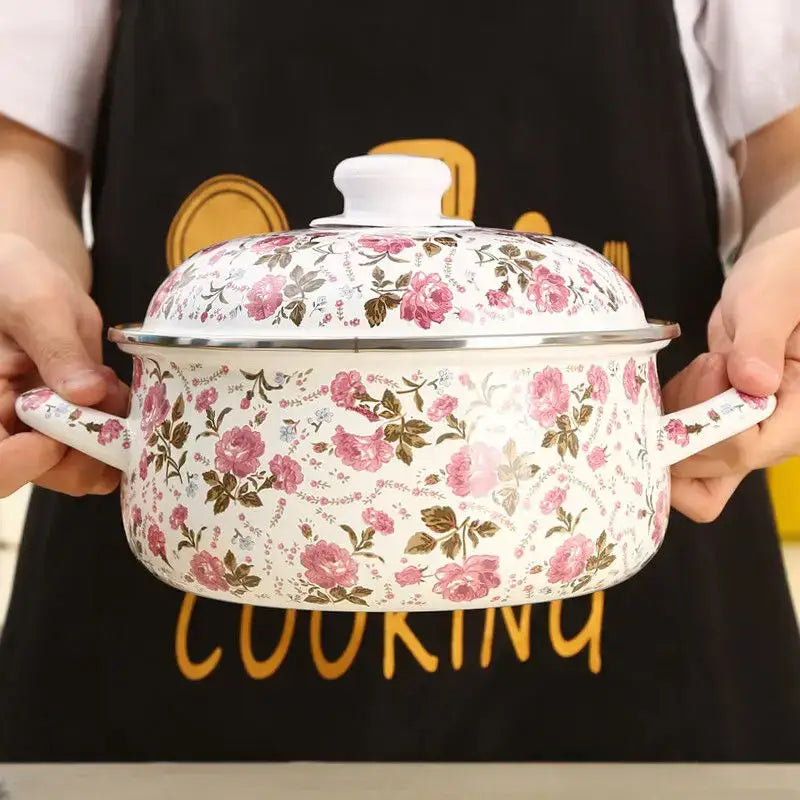 Floral white & pink enamel ceramics soup saucepan kitchen set