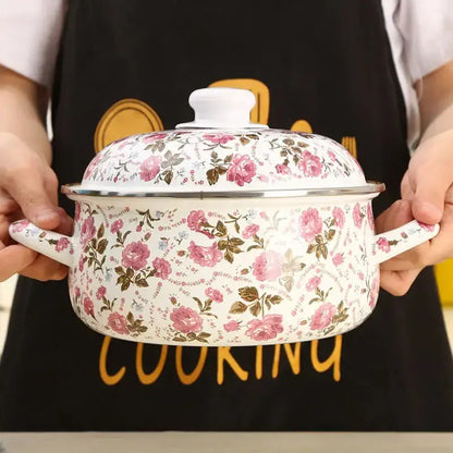 Floral white & pink enamel ceramics soup saucepan kitchen set