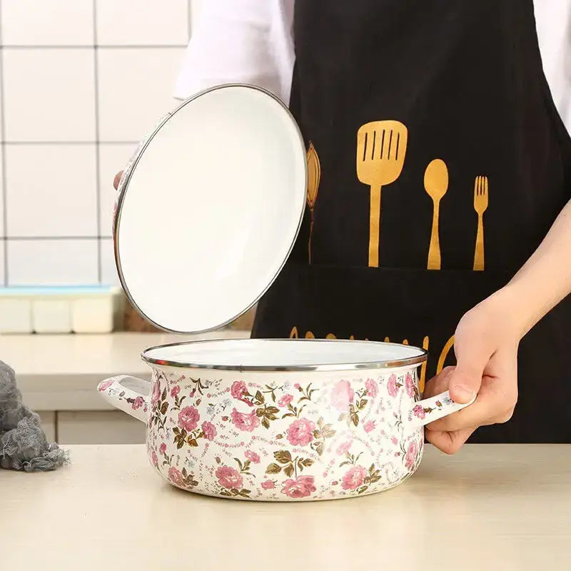 Floral white & pink enamel ceramics soup saucepan kitchen set
