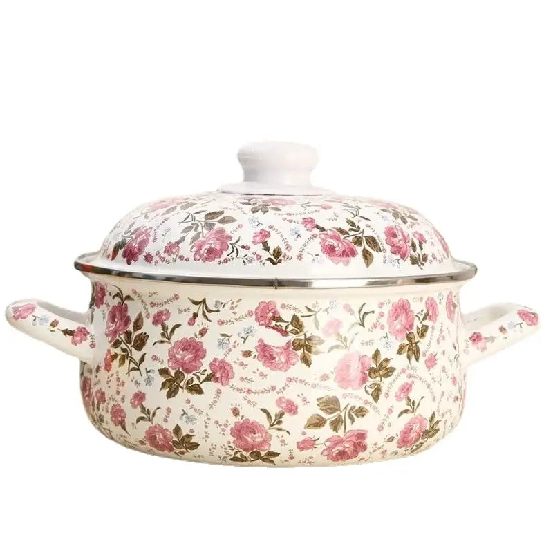 Floral white & pink enamel ceramics soup saucepan kitchen set