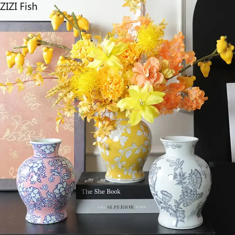 Floral yellow and white porcelain vase living room decor