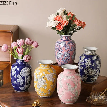 Floral yellow and white porcelain vase living room decor