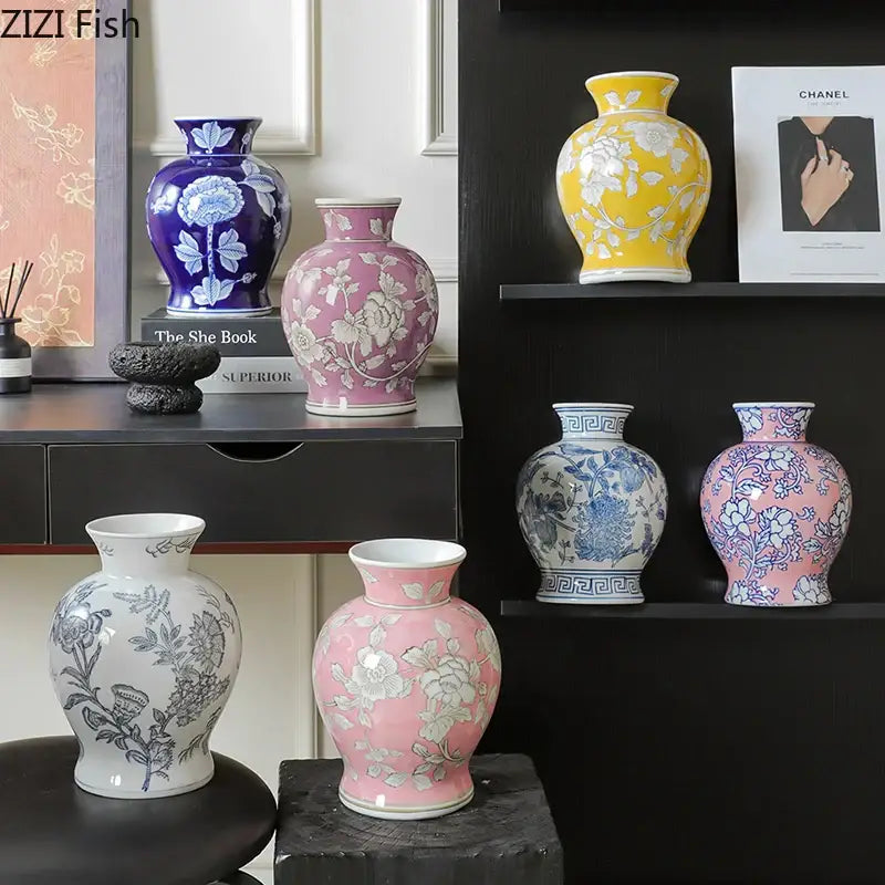 Floral yellow and white porcelain vase living room decor