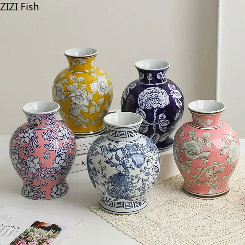 Floral yellow and white porcelain vase living room decor