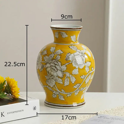 Floral yellow and white porcelain vase living room decor