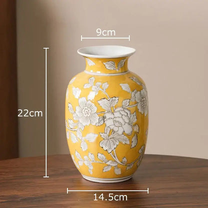 Floral yellow and white porcelain vase living room decor