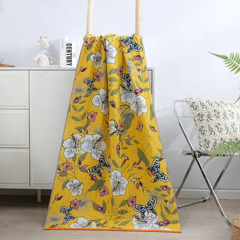 Floral yellow cotton gauze bath towel bathroom quick dry wrap
