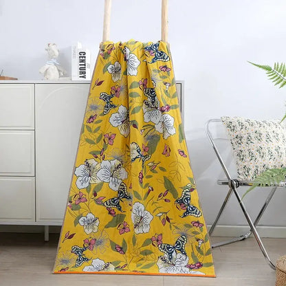 Floral yellow cotton gauze bath towel bathroom quick dry wrap