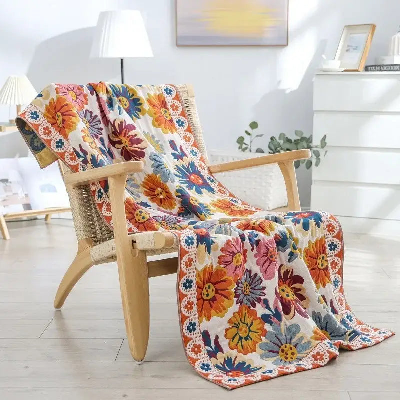 Floral yellow cotton gauze bath towel bathroom quick dry wrap