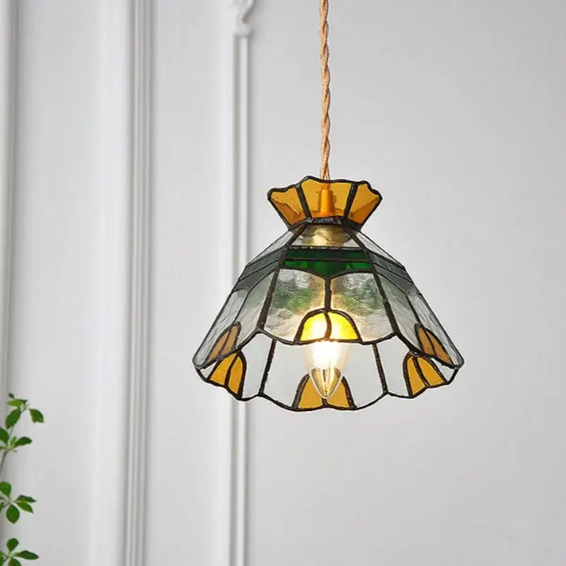 Floral yellow & green glass brass pendant lamp for kitchen
