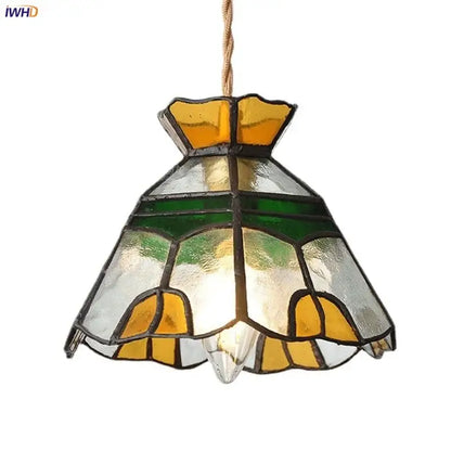 Floral yellow & green glass brass pendant lamp for kitchen