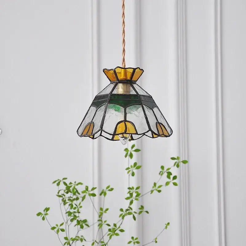 Floral yellow & green glass brass pendant lamp for kitchen