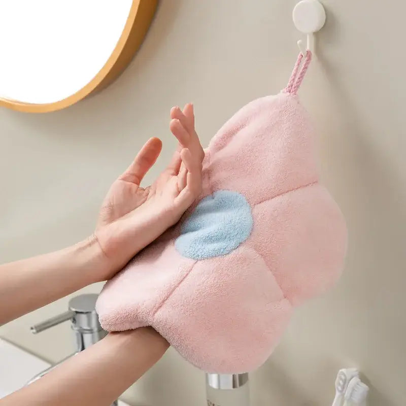 Flower shaped pink & light blue coral fleece hand towels bathroom