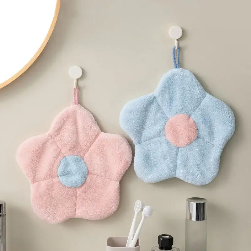 Flower shaped pink & light blue coral fleece hand towels bathroom