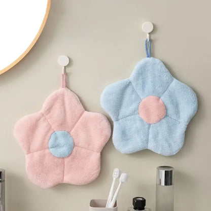 Flower shaped pink & light blue coral fleece hand towels bathroom