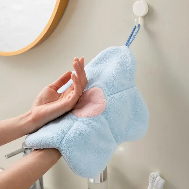 Flower shaped pink & light blue coral fleece hand towels bathroom