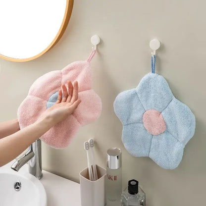 Flower shaped pink & light blue coral fleece hand towels bathroom