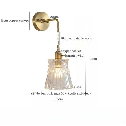 Fluted brass glass led wall sconce for bedroom
