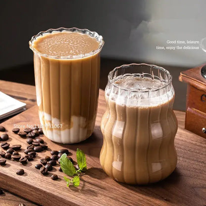 Fluted clear glass coffee mug set kitchen ribbed tumblers