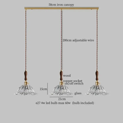 Fluted glass led pendant lamp with brass accents for dining room