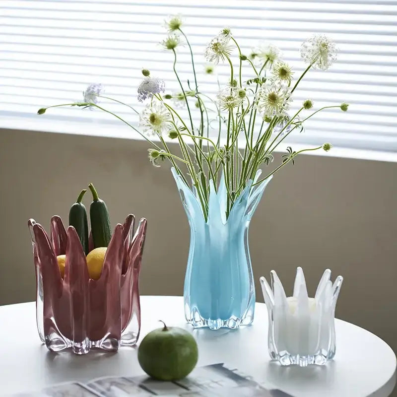 Fluted light blue geometric bud glass vase living room decor