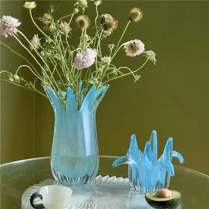 Fluted light blue geometric bud glass vase living room decor