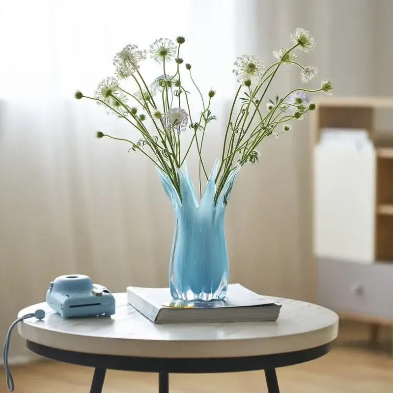 Fluted light blue geometric bud glass vase living room decor