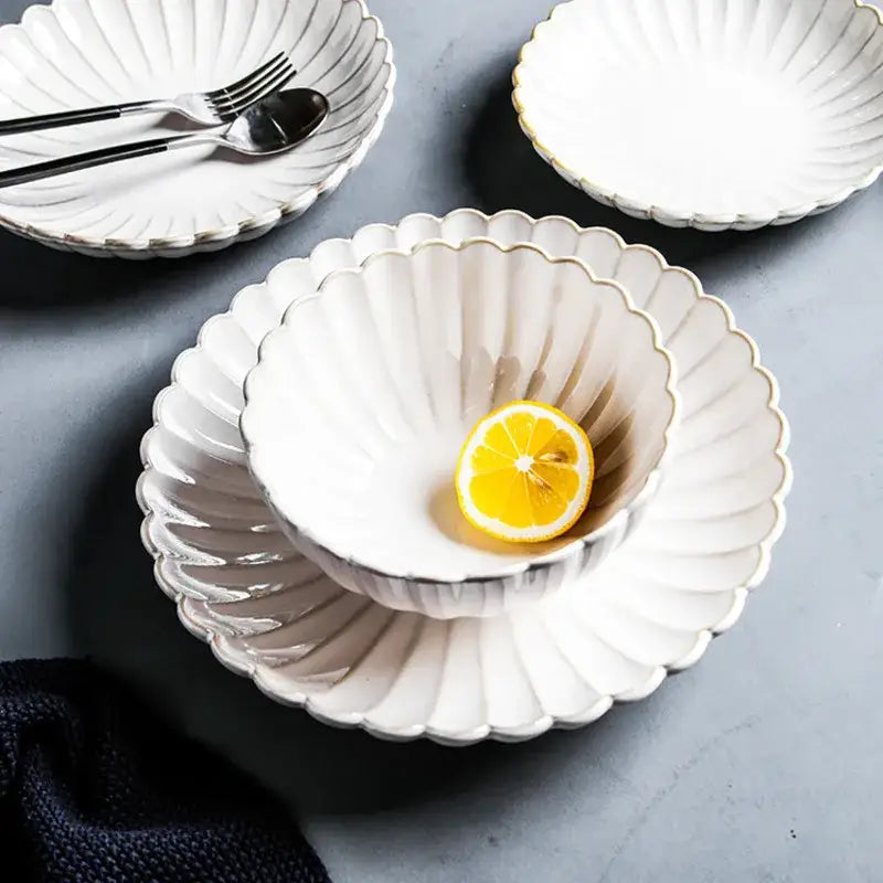 Fluted petal white ceramic dinnerware set dining room gold trim