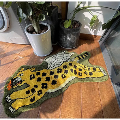 Flying tiger leopard hand tufted olive green rug bedroom decor