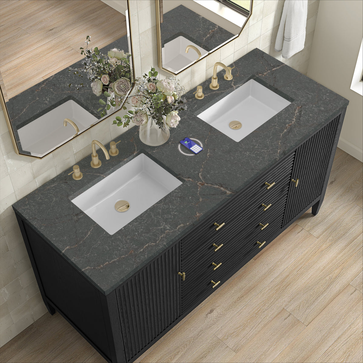James Martin Myrrin 60" Double Bathroom Vanity, Carbon Oak