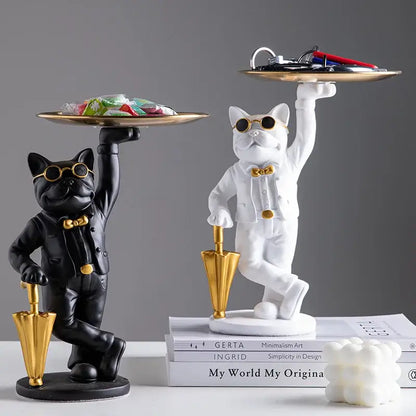 Formal black & white cat resin statue tray study room decor